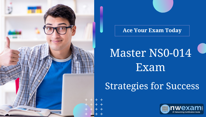 Man giving thumbs up at desk with laptop, promoting NS0-014 exam success.