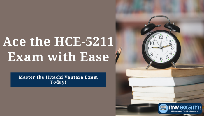 Alarm clock placed on a stack of books in a study setting, with text overlay: 'Ace the HCE-5211 Exam with Ease. Master the Hitachi Vantara Exam Today!' and nwexam logo in the bottom right corner.