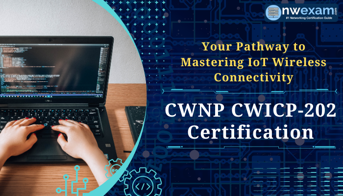 Person typing on a laptop with coding on screen, highlighting CWNP CWICP-202 Certification as a pathway to mastering IoT wireless connectivity.