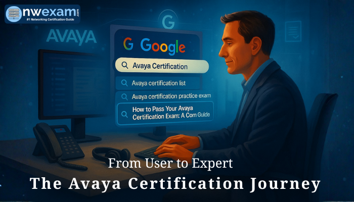 A professional IT engineer sitting at a desk searches Google for ‘Avaya Certification,’ with a highlighted suggestion reading ‘How to Pass Your Avaya Certification Exam A Complete Guide,’ symbolizing the journey from user to expert in Avaya certification.