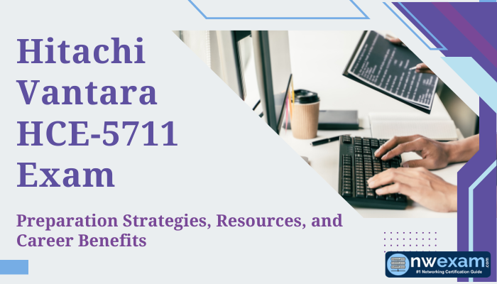 Banner for Hitachi Vantara HCE-5711 Exam featuring preparation strategies, resources, and career benefits, with the NWExam logo.