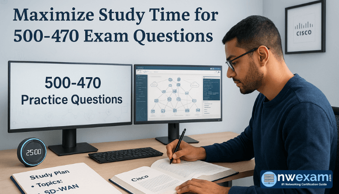 A focused learner studies for the 500-470 exam at a modern workstation with dual monitors displaying practice questions and Cisco network diagrams, surrounded by study materials and a visible NWExam branding.