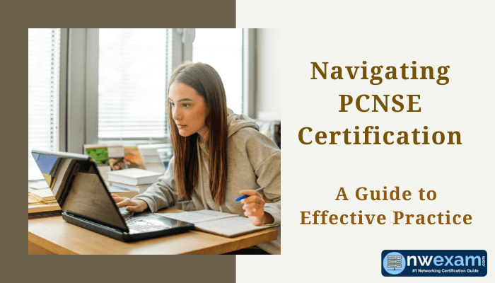 Young woman studying for PCNSE certification on her laptop, with textbooks and notes, titled Navigating PCNSE Certification - A Guide to Effective Practice.