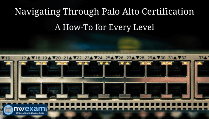 Network router interface with the text overlay 'Navigating Through Palo Alto Certification - A How-To for Every Level' for nwexam.com.