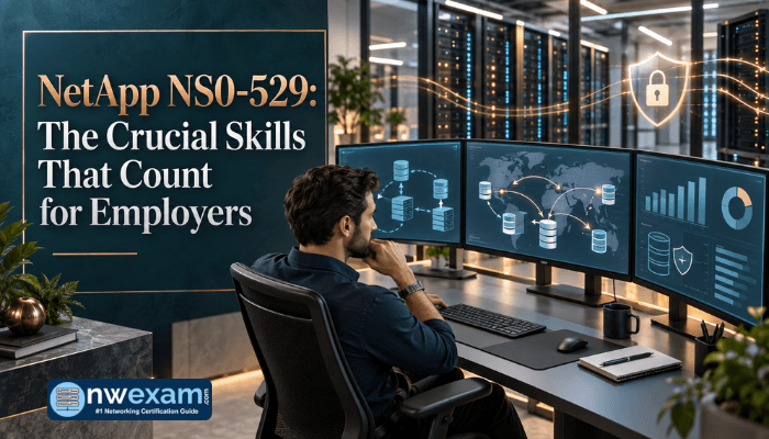 A professional male NetApp engineer demonstrating expertise with NetApp ONTAP data protection configurations on multiple screens, highlighting the value of NS0-529 certification for employers.