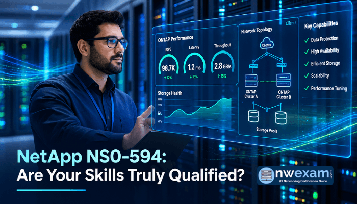 An adult man assesses a holographic display of NetApp ONTAP system metrics, symbolizing skill validation for the NS0-594 exam. Digital network lines are visible in the background, representing complex IT environments.