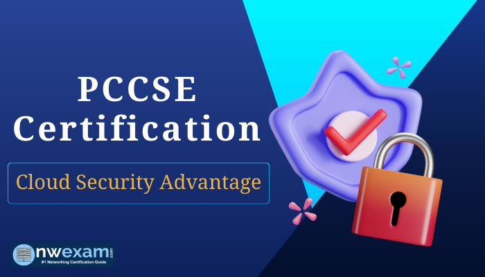 PCCSE Certification, Cloud Security Advantage, featuring a shield with a checkmark and a padlock symbolizing security.