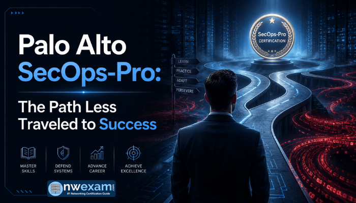 An adult man navigates a challenging digital pathway towards a glowing Palo Alto SecOps-Pro certification badge in a futuristic server room, symbolizing common obstacles in the exam journey.