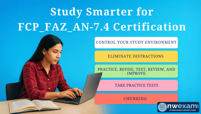 A female student in a red plaid shirt studies with a laptop and open book at a desk beside a blue gradient background infographic titled Study Smarter for FCP_FAZ_AN-7.4 Certification with five colorful study tips listed.