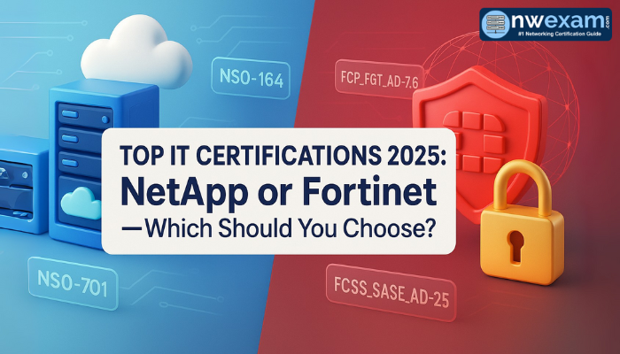 3D split banner comparing NetApp and Fortinet certifications with icons of servers, cloud, shield, and lock, highlighting top IT certifications 2025.
