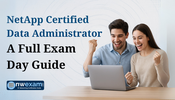 Two excited young professionals celebrate success next to bold text reading NetApp Certified Data Administrator A Full Exam Day Guide on a modern tech-themed background.