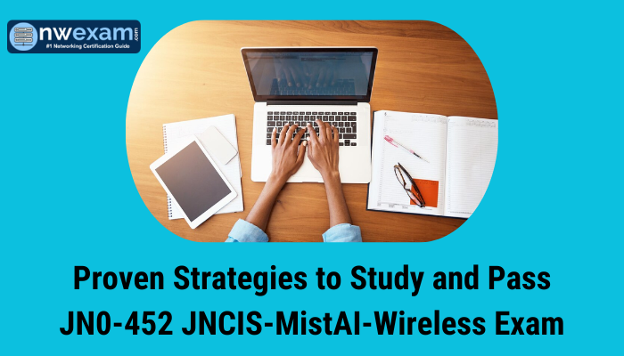 Student preparing for JN0-452 JNCIS-MistAI-Wireless exam with laptop and notes.