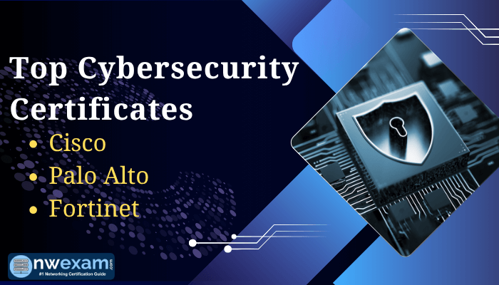 A digital banner highlighting top cybersecurity certificates from Cisco, Palo Alto, and Fortinet, featuring a shield-on-chip graphic and the NWExam logo.